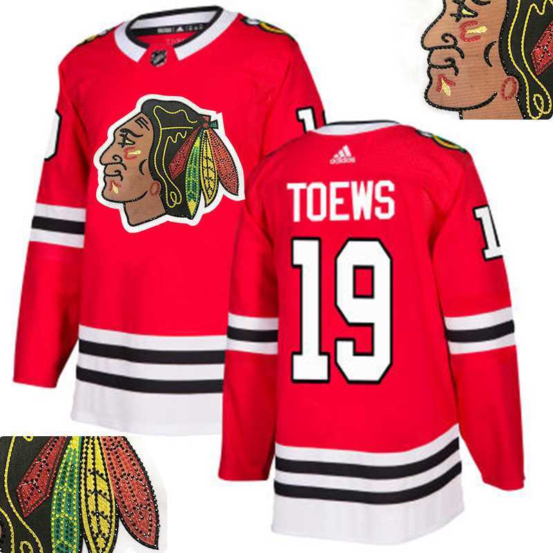 Blackhawks #19 Toews Red With Special Glittery Logo Adidas Jersey